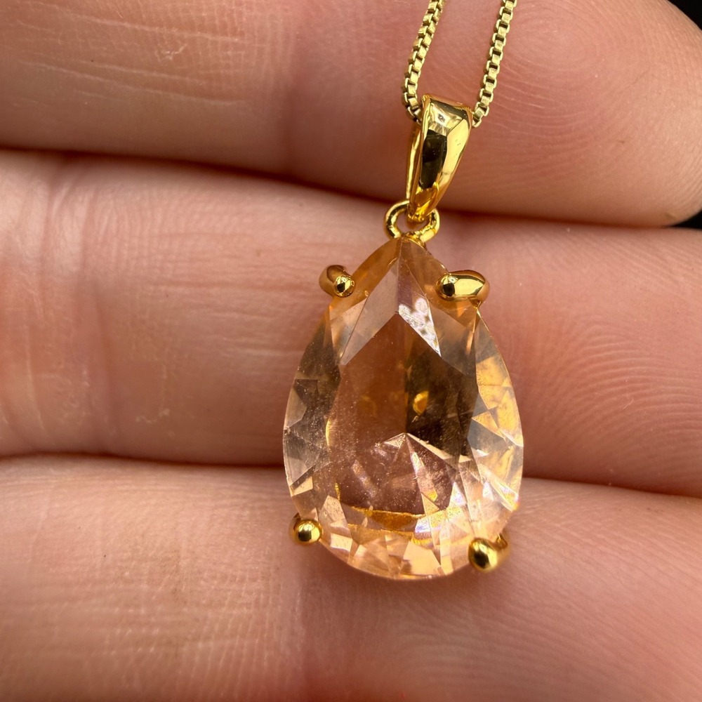 Signed Rhinestone Pendant Necklace Gold Tone Peach Box Chain Adjustable 18”